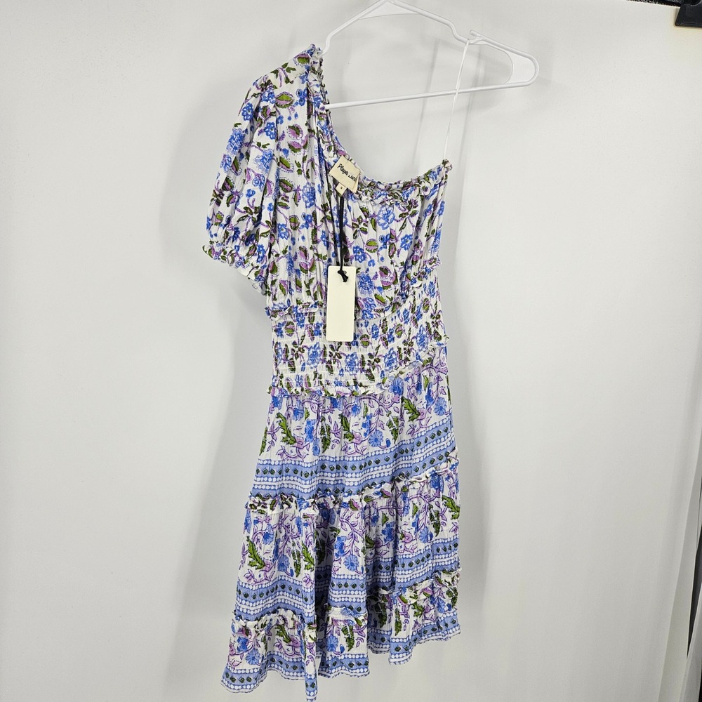 Playa Lucila One Shoulder Dress White Blue Smocked Mini Cottage Ruffles NWT Sz S - Picture 2 of 7
